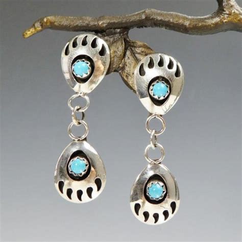 Native American Navajo Sterling Silver Turquoise Double Bear Paw Drop