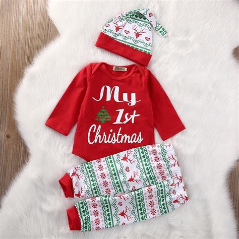 Xmas Newborn Baby Girls My First Christmas Clothes Romper Pants Hat