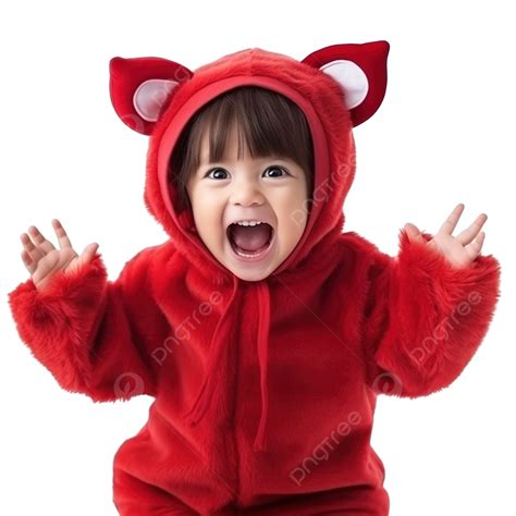 Happy Cute Little Kid Celebrate Halloween Wears Red Devil Monster