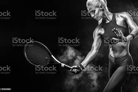 Beautiful Blonde Sport Woman Tennis Player With Racket In Red Costume