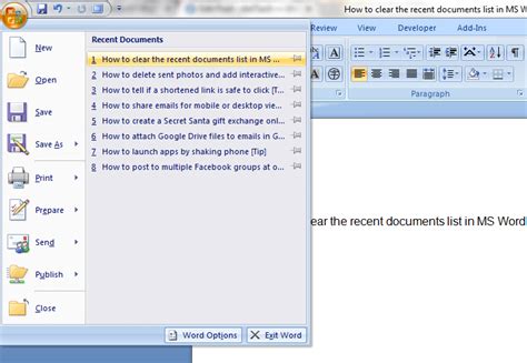 How To Clear The Recent Documents List In Microsoft Word 2007 Tip