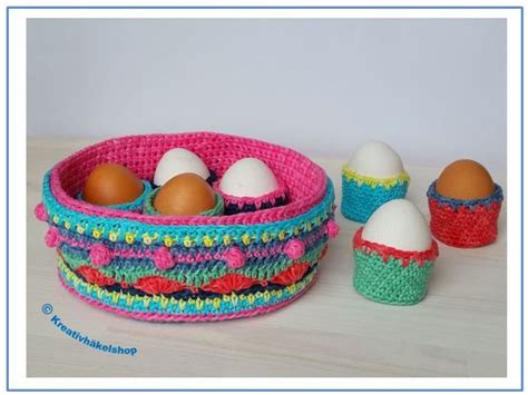 Crocheted Colorful Egg Basket With Egg Cups