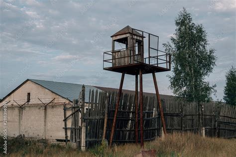 Old Observation Tower In Abandoned Soviet Russian Prison Complex Stock