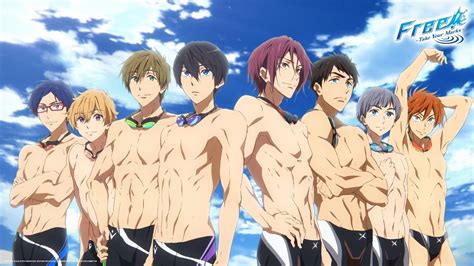 An Anime Group With No Shirt On Posing In Front Of The Blue Sky And Clouds