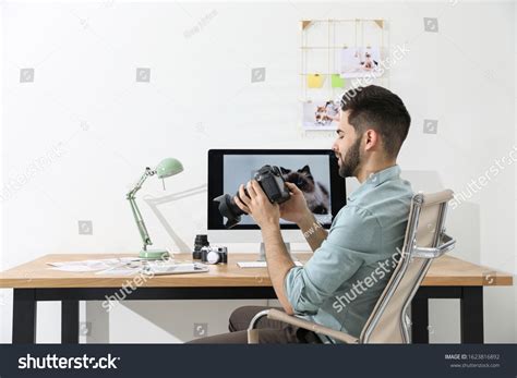 Professional Photographer Camera Working Table Office Stock Photo