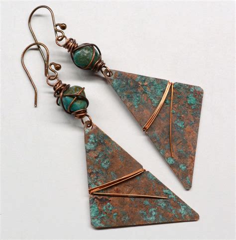 Hammered Rustic Copper Earrings With Turquoise E700 By SunStones On