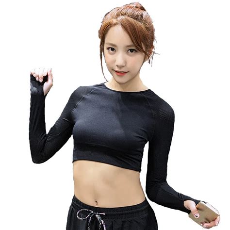 sexy women yoga shirts bodycon crop top breathable mesh long sleeve short sports tops slim