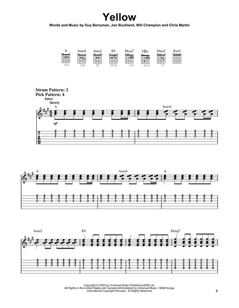 Yellow Easy Guitar Tab Print Sheet Music Now