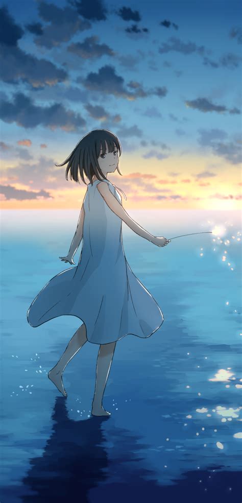 1080x2246 Cute Anime Girl Sunset Draw 1080x2246 Resolution Wallpaper