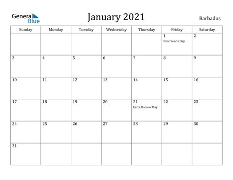 Simple monthly planner and calendar for january 2021. January 2021 Calendar - Barbados