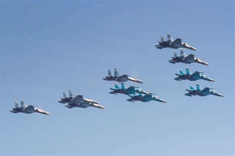 Moscow Russia May 07 2019 Fighters Su 35s And Su 30sm With Bombers