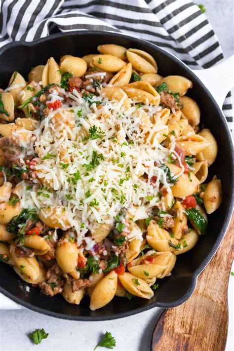 Add the onions halfway through and cook until softened. Simple Ground Beef Pasta Skillet Dinner | Lemons + Zest | Recipe | Pasta recipes, Ground beef ...