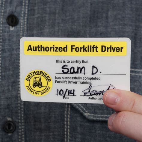 To obtain a forklift operators certificate, each employee must demonstrate his or her knowledge of general forklift safety information as when it is resting solidly on the stack and forks are free, back machine away slowly. Self Laminating Authorized Forklift Certification Wallet Card, SKU - BD-0389-SL