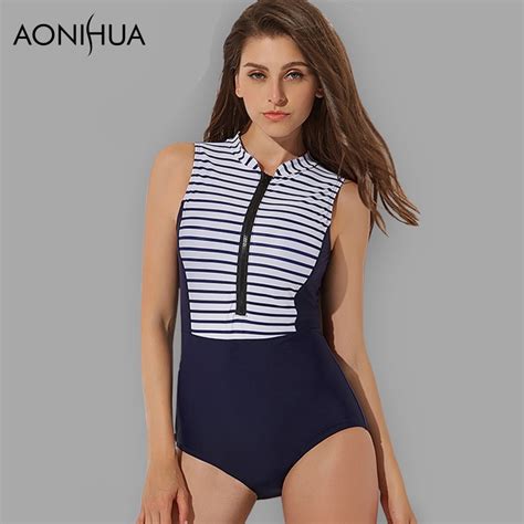 Aonihua One Piece Surfing Swimsuits Women 2018 Sport Striped Sleeveless