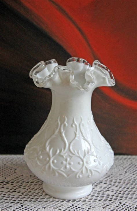 Fenton Milk Glass Silvercrest Vase With Spanish Lace Pattern Etsy Milk Glass Decor Fenton