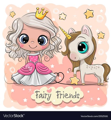 Cute Cartoon Fairy Tale Princess And Unicorn Vector Image
