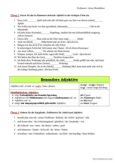 Deklination der Adjektive Deutsch DAF Arbeitsblätter pdf doc