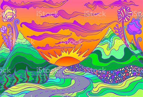 Retro Hippie Style Psychedelic Landscape With Mountains Sun And The