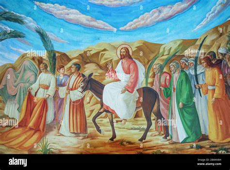 Palm Sunday Painting Of Jesus On Donley In The Church In Jerusalem