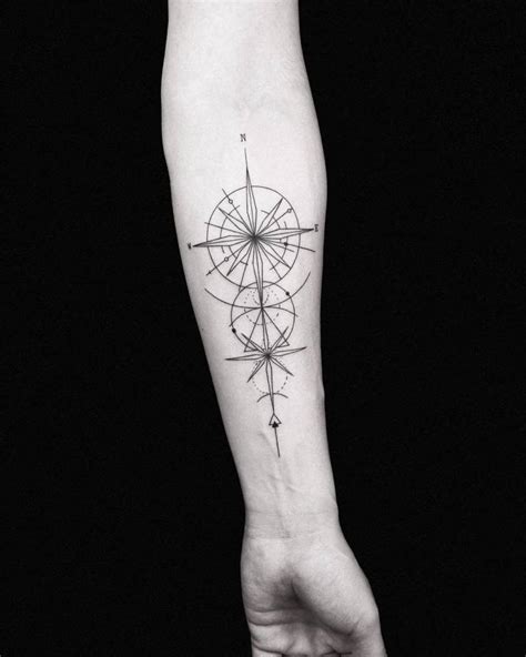 Line Art Compass Rose Tattoo On The Inner Forearm