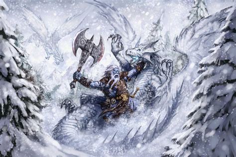 fantasy winter dragon battle warrior runelords HD wallpaper
