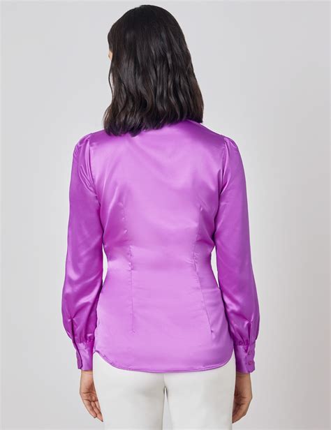 Plain Satin Womens Fitted Blouse With Single Cuff And Pussy Bow In Bright Purple Hawes And Curtis