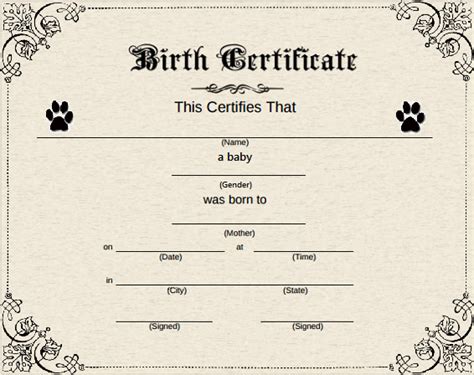 Downloadable Fillable Puppy Birth Certificate Template Get What You