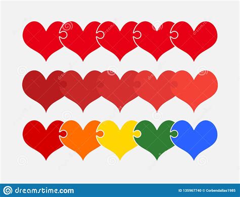 Set Colorful Pieces Puzzle Romantic Five Hearts Stock Vector