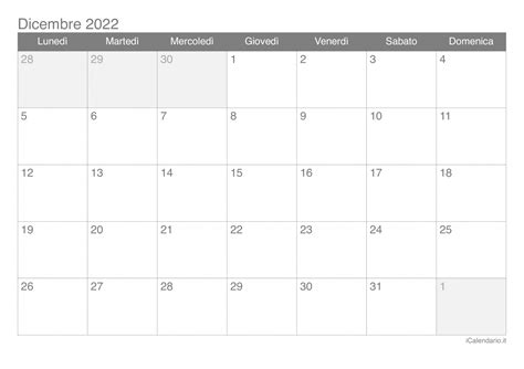Calendario Dicembre 2022 Da Stampare