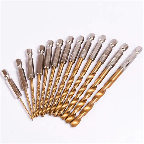 13pcslot Hss High Speed Steel Titanium Coated Drill Bit Set 14 Hex