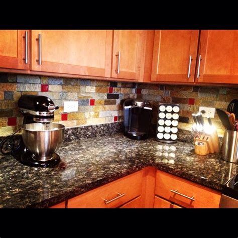 Kitchen Backsplash Custom Made With Red Glass Tile Inserts So In Love With My Kitchen