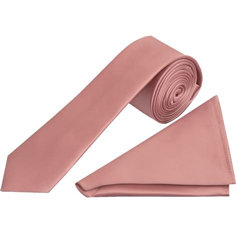 Rose Gold Satin Skinny Tie And Handkerchief