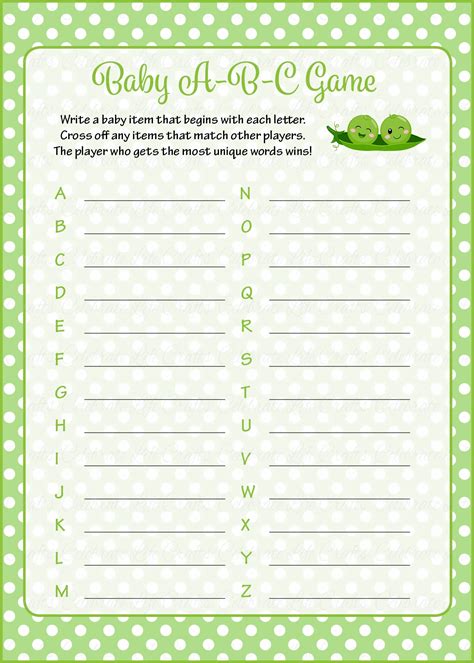 Baby Abcs Baby Shower Game Peas In A Pod Baby Shower Theme For Baby
