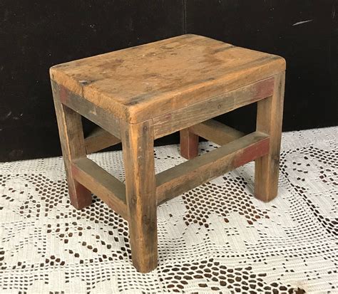 Antique Handmade Wooden Footstool Small Primitive Wood Step Stool