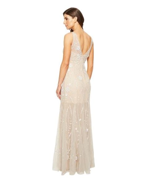 adrianna papell sleeveless plunging v neckline fully beaded mesh illusion gown with godets in