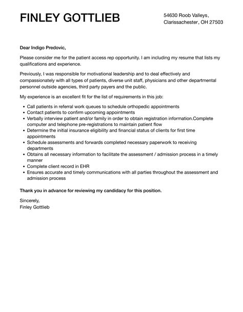 Patient Access Rep Cover Letter | Velvet Jobs