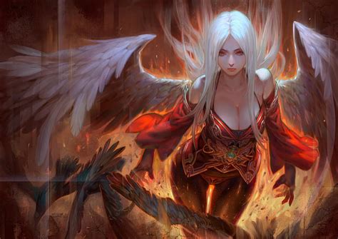 HD Wallpaper Fantasy Angels Wings Red Eyes White Haired Angel Character Illustration