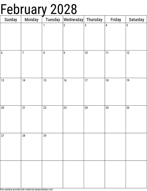 February 2028 Vertical Calendar Handy Calendars