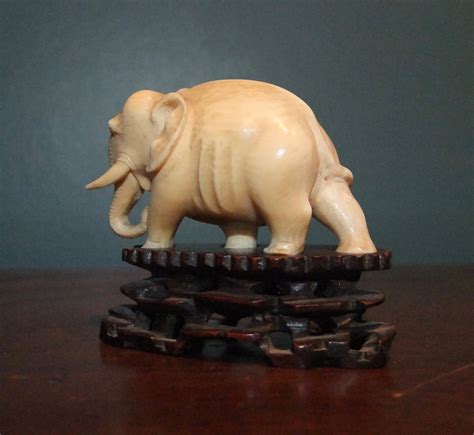 Antique Chinese Carved Ivory Elephant On A Rosewood Stand C1934