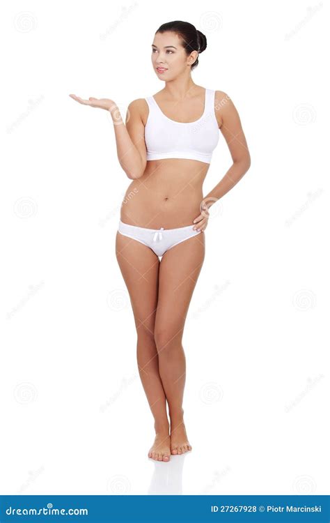 Woman In Underwear Presenting Something Stock Photo Image Of