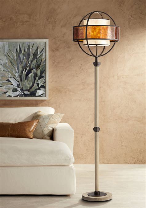 Rustic Mission Floor Lamp Light Wood Bronze Mica Shades For Living Room