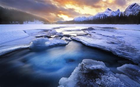 Winter Snow Ice Lake Mountains Forest Sunset Wallpaper Nature