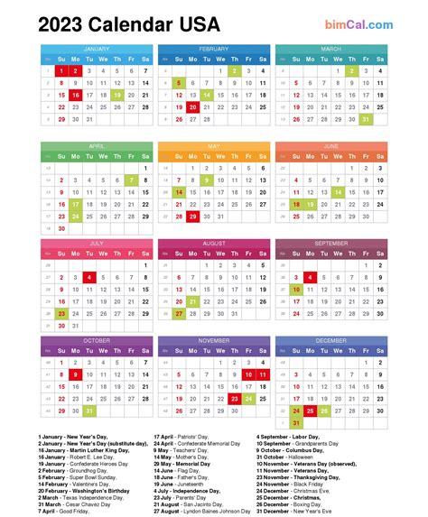 2023 Calendar Usa Bimcal