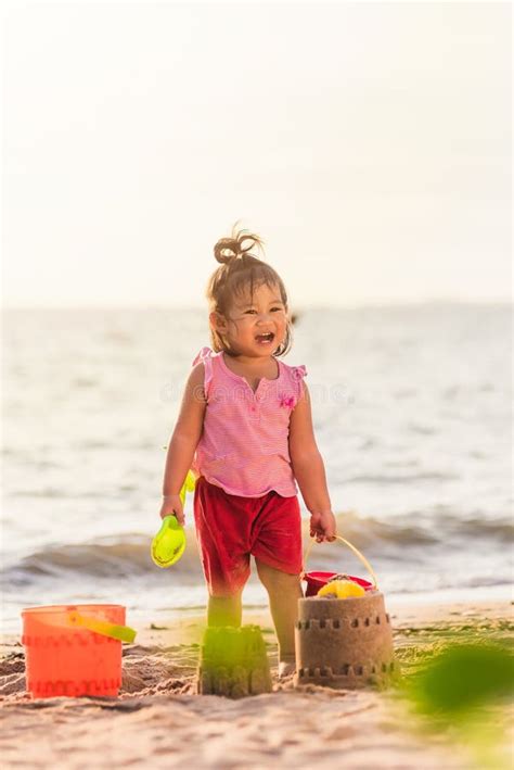 Little Girl Playing Sand With Toy Sand Tools Stock Image Image Of