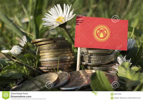 Kyrgyzstani Flag With Stack Of Money Coins With Grass Stock Photo