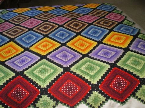 Crochet Granny Square Afghan Throw Blanket Multi Color Black Purple Red