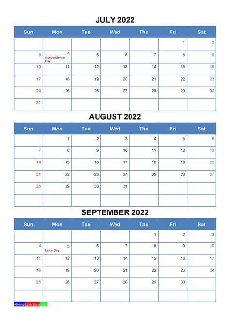 July August September 2022 Calendar With Holidays Four Quarters