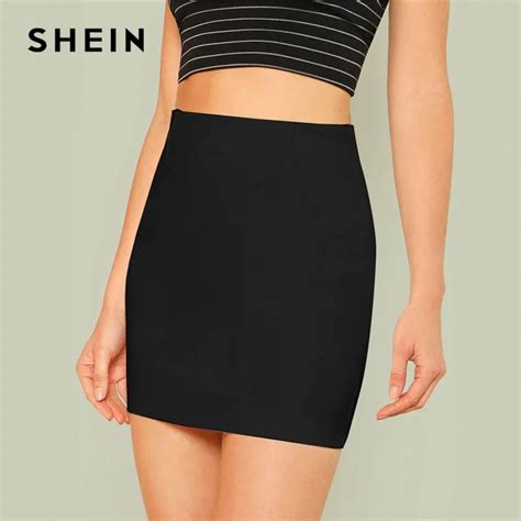 Shein Black Office Lady Solid Elegant Mini Bodycon Skirt Summer Mid Waist Women Going Out Short