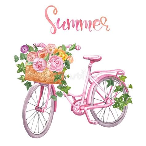 Watercolor floral bicycle, isolated. Romantic pink bike ...