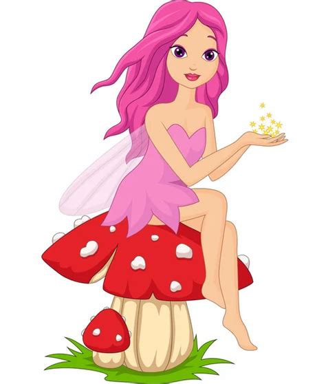 Vector Illustration Of Cute Pink Fairy Cartoon Sitting On A Mushroom